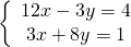 \left\{\begin{array}{c}12 x-3 y=4 \\ 3 x+8 y=1\end{array}\right.